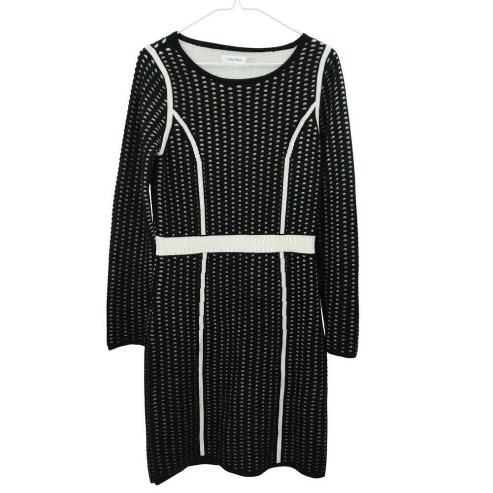 Calvin Klein Long Sleeve Fitted Sweater Dress Womens S Black White - Picture 1 of 6